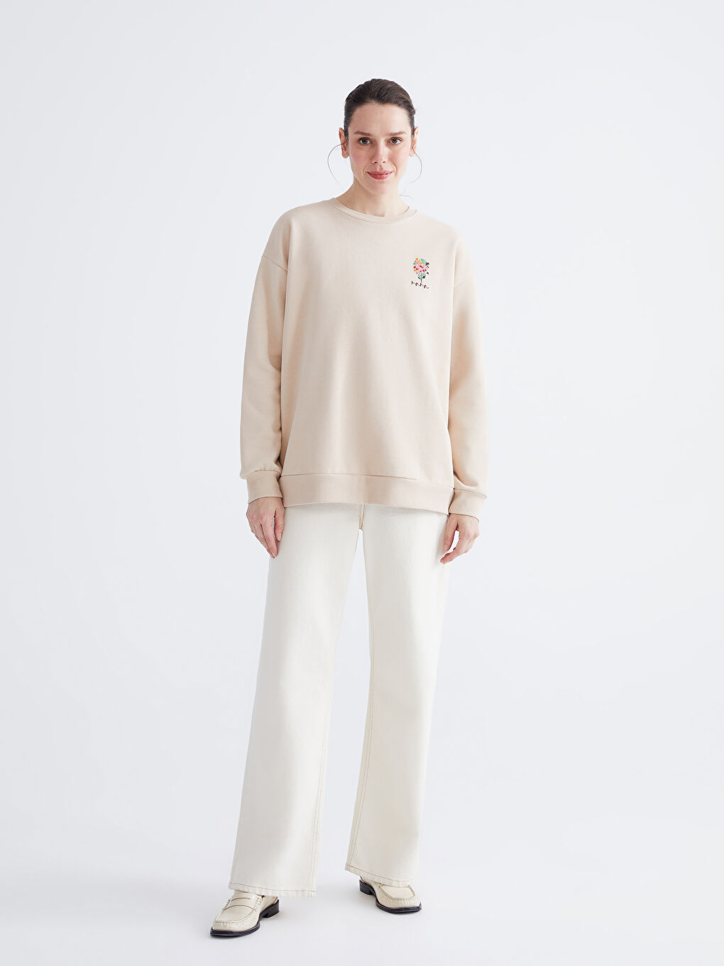 Bej Baskılı Oversize Kadın Kalın Sweatshirt-1
