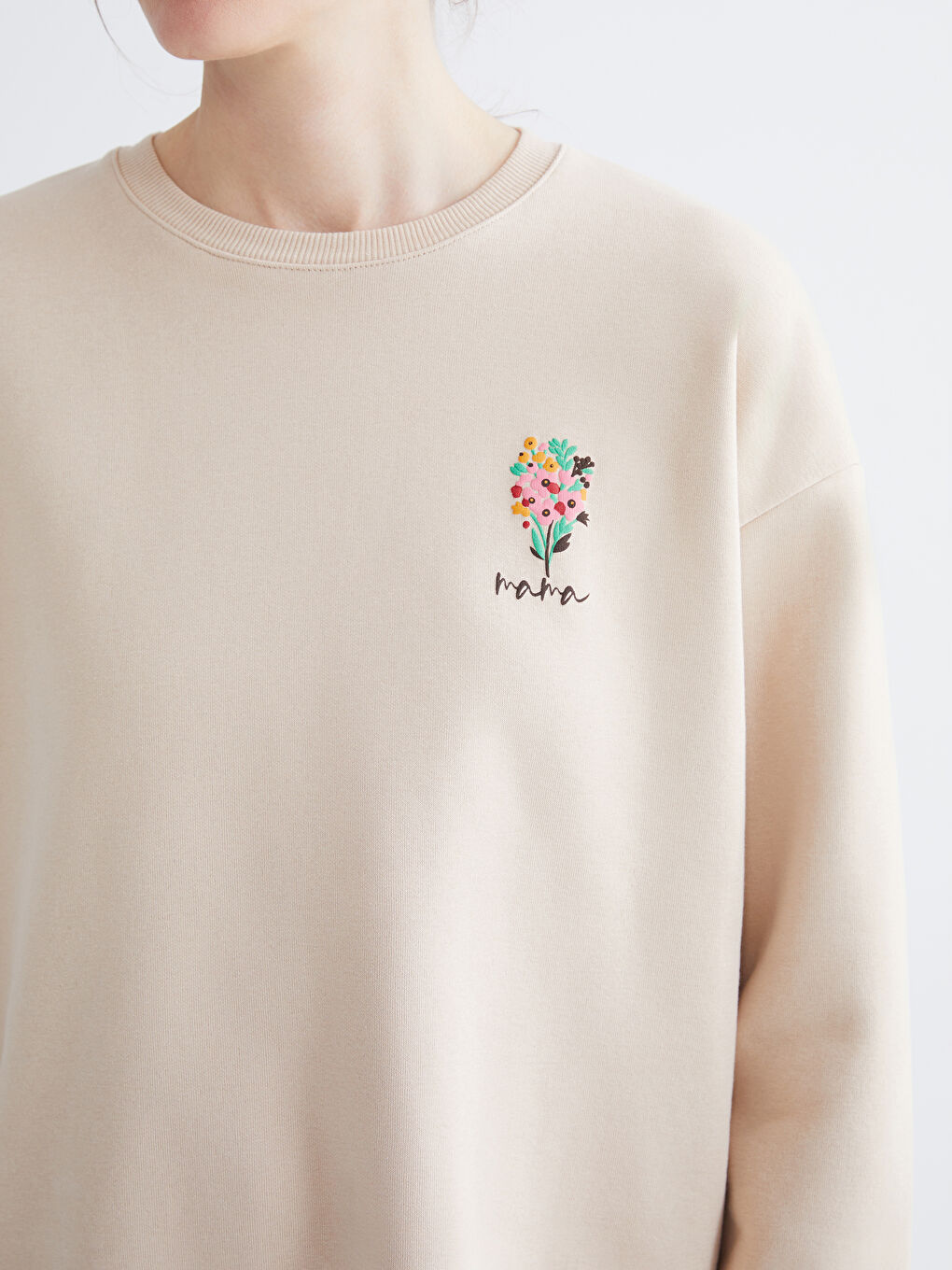 Bej Baskılı Oversize Kadın Kalın Sweatshirt-2