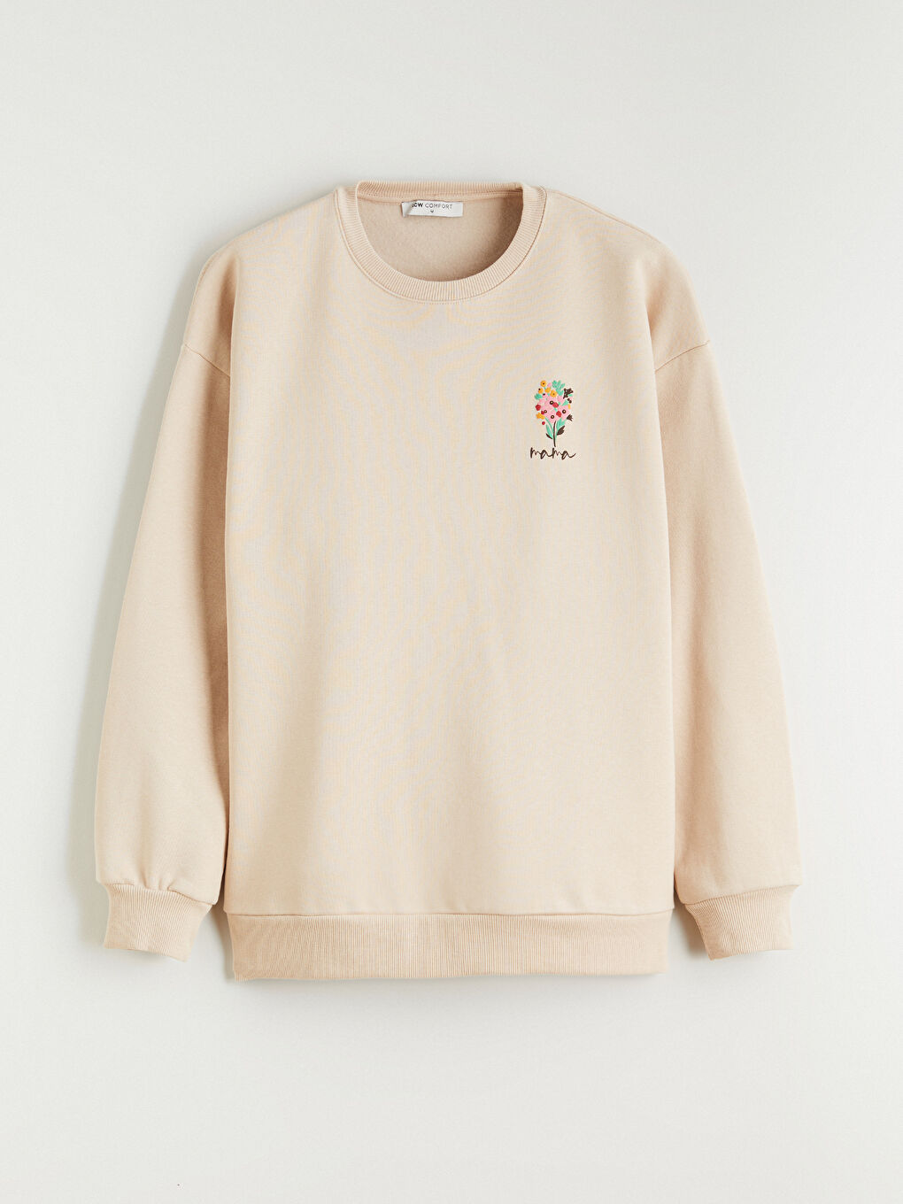 Bej Baskılı Oversize Kadın Kalın Sweatshirt-4