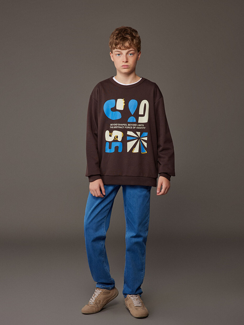 Kahverengi Bisiklet Yaka Baskılı Erkek Çocuk Sweatshirt-1