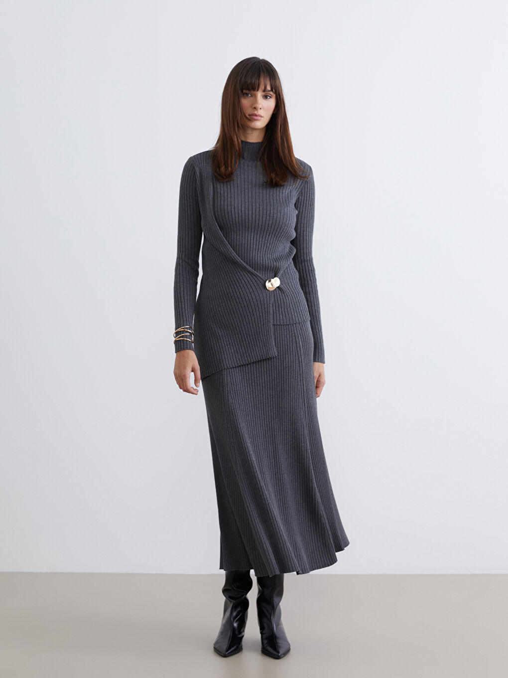 Gri Yarım Balıkçı Yaka Kadın Triko Kazak-1