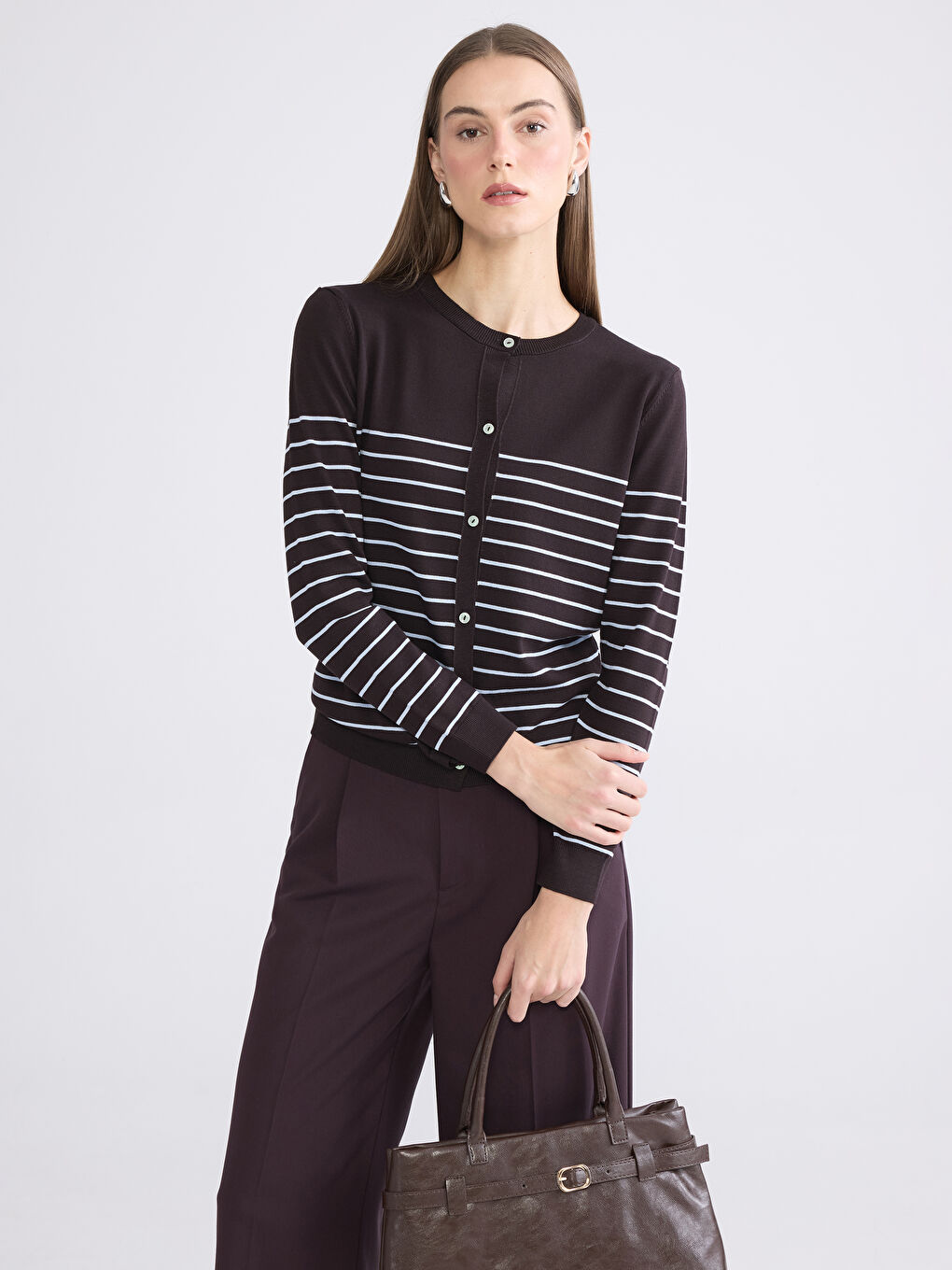 Crew Neck Striped Women's Knitwear Cardigan