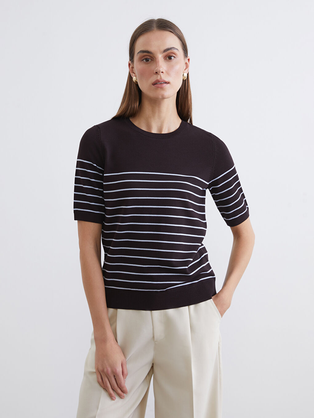 Kahverengi Bisiklet Yaka Çizgili Kadın Triko Kazak