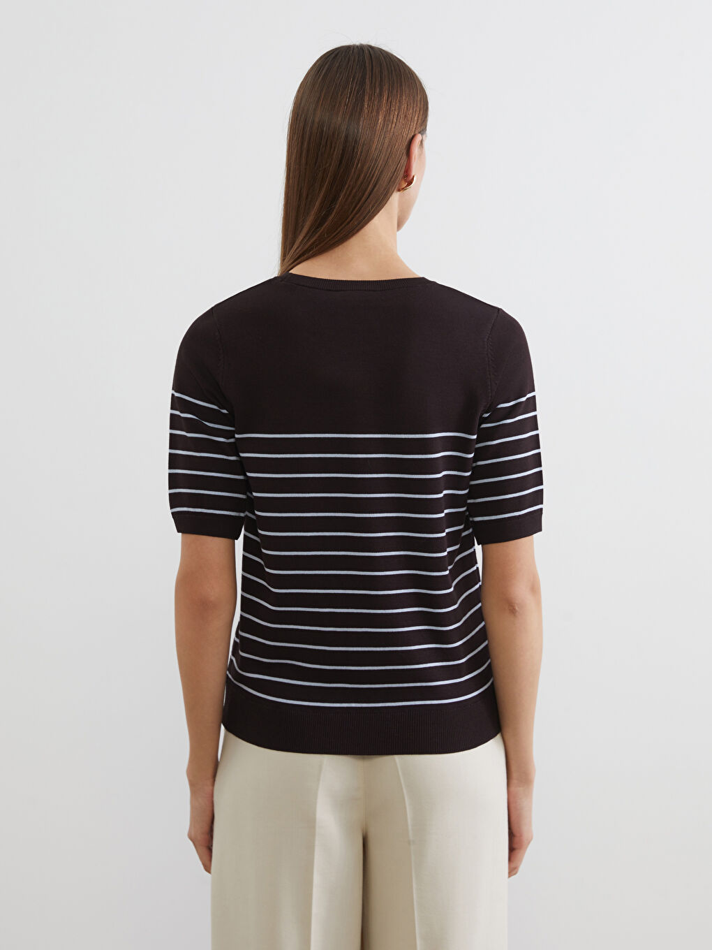 Kahverengi Bisiklet Yaka Çizgili Kadın Triko Kazak-3