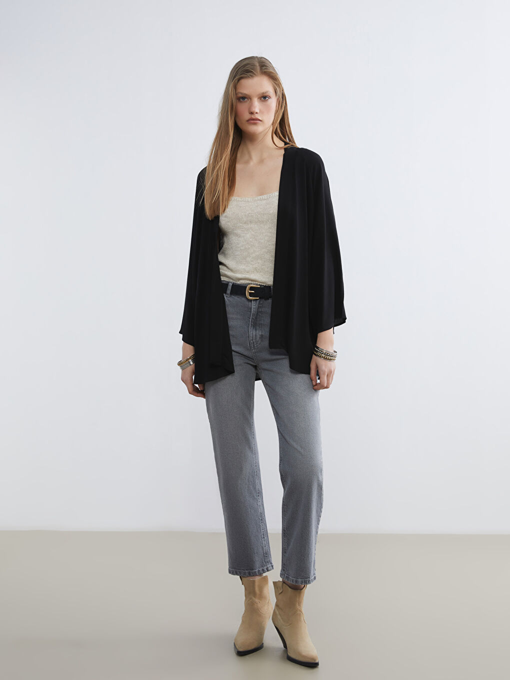 Siyah Şal Yaka Oversize Kadın Kimono-1