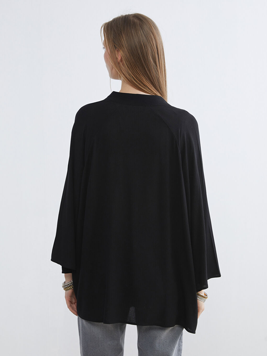 Siyah Şal Yaka Oversize Kadın Kimono-3