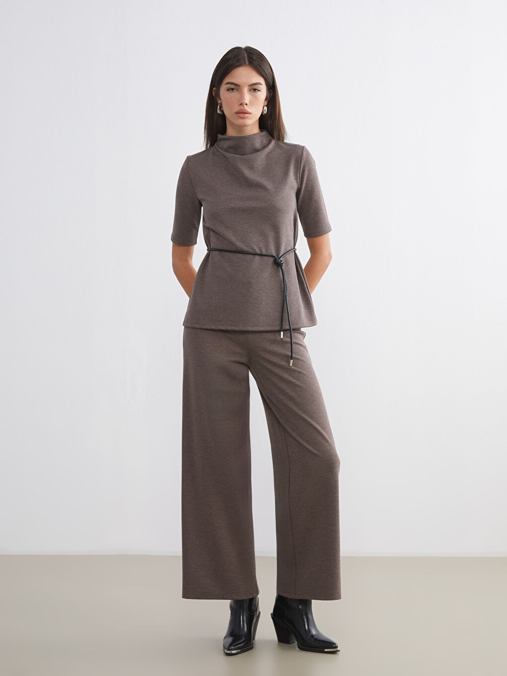 Kahverengi Beli Lastikli Geniş Paça Kadın Eşofman Altı