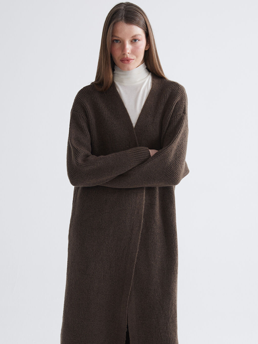 Kahverengi Şal Yaka Kadın Triko Hırka-1