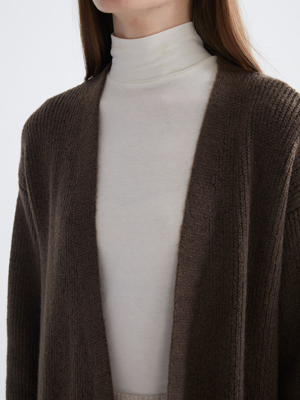 Kahverengi Şal Yaka Kadın Triko Hırka-2