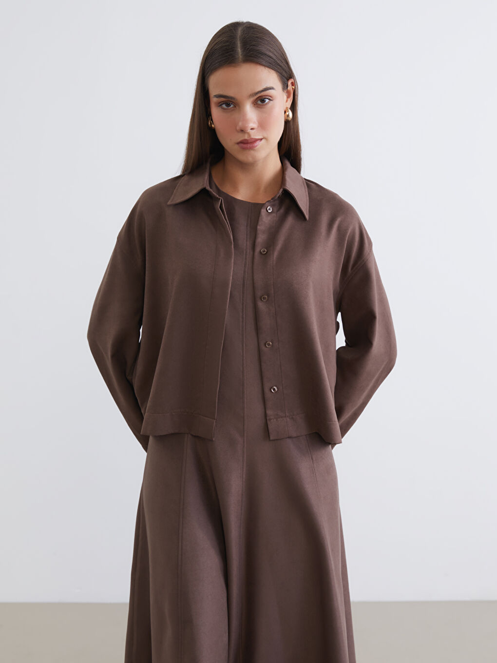 Crew Neck Suede Look A-Line Dress