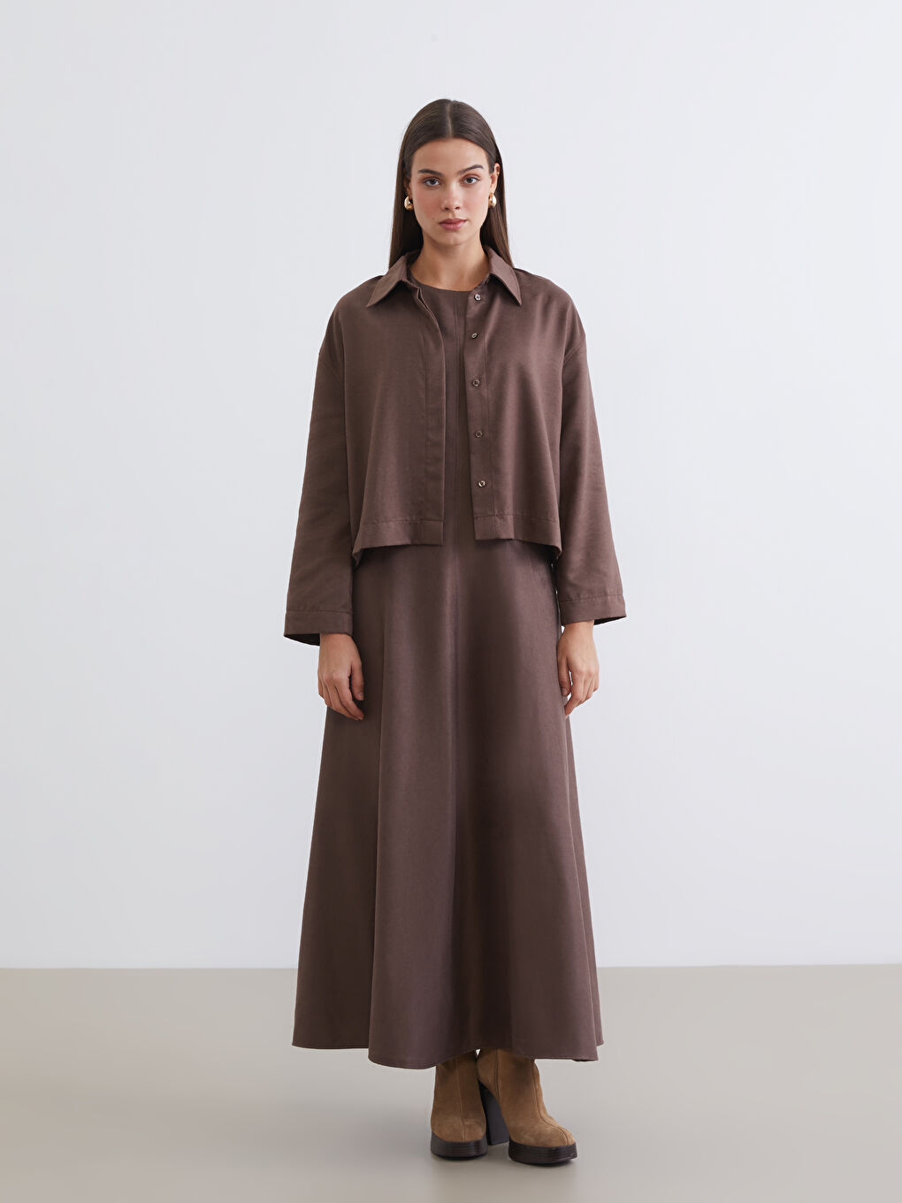 Crew Neck Suede Look A-Line Dress-1