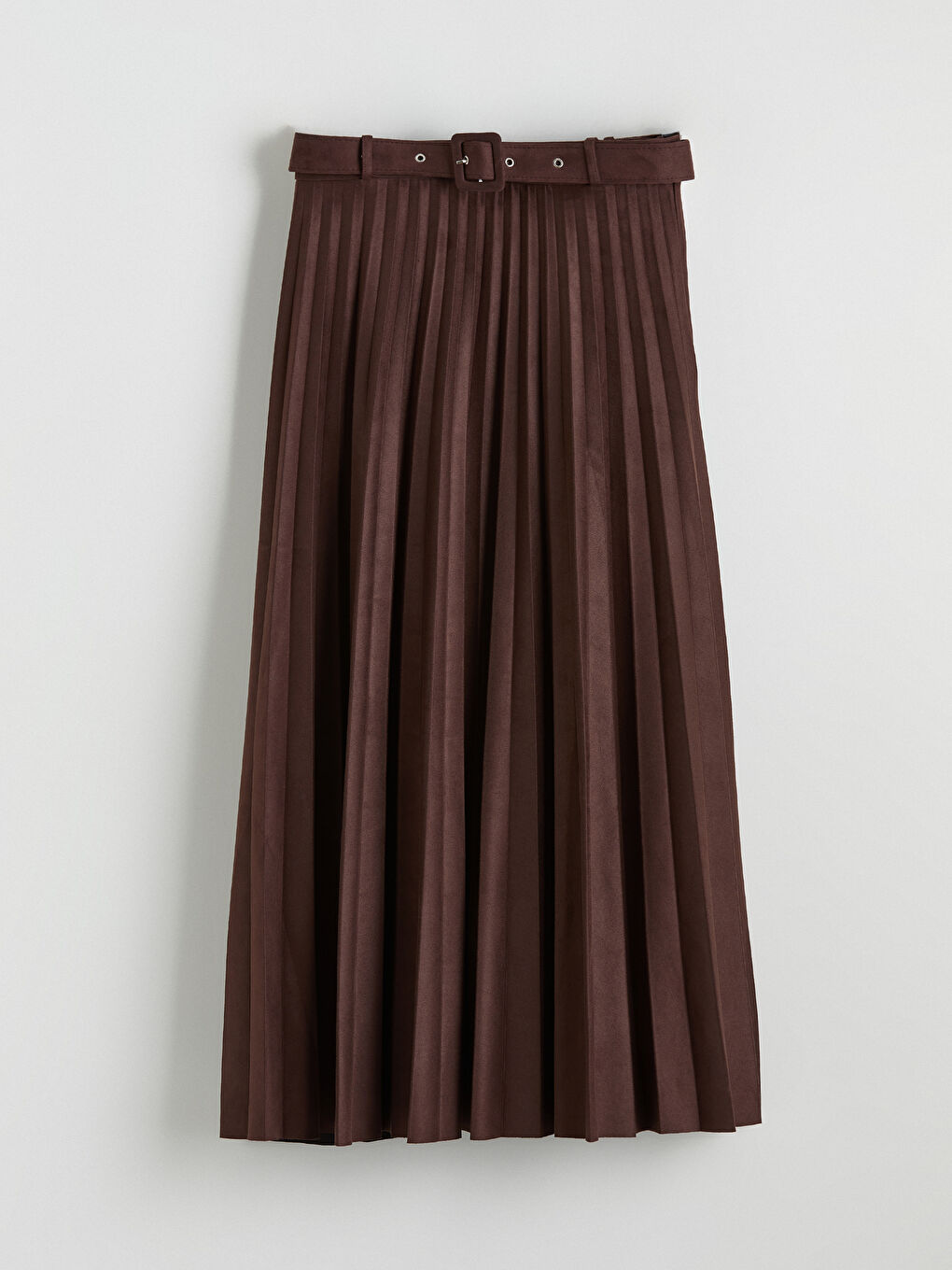 Kahverengi Beli Fermuarlı Süet Görünümlü Pileli Etek-4