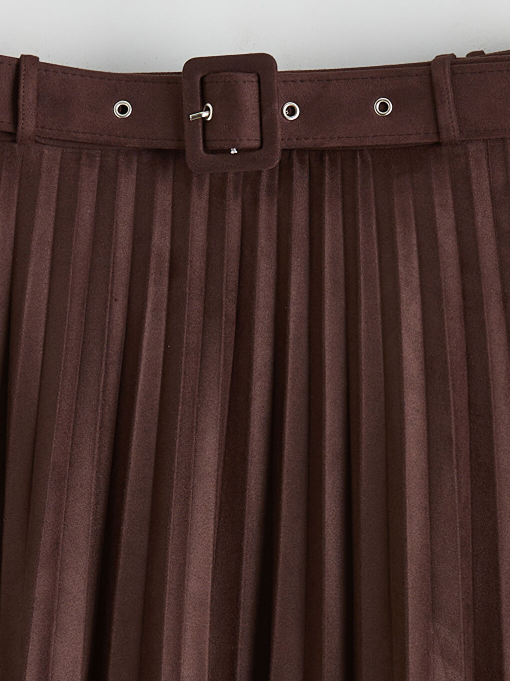 Kahverengi Beli Fermuarlı Süet Görünümlü Pileli Etek-5