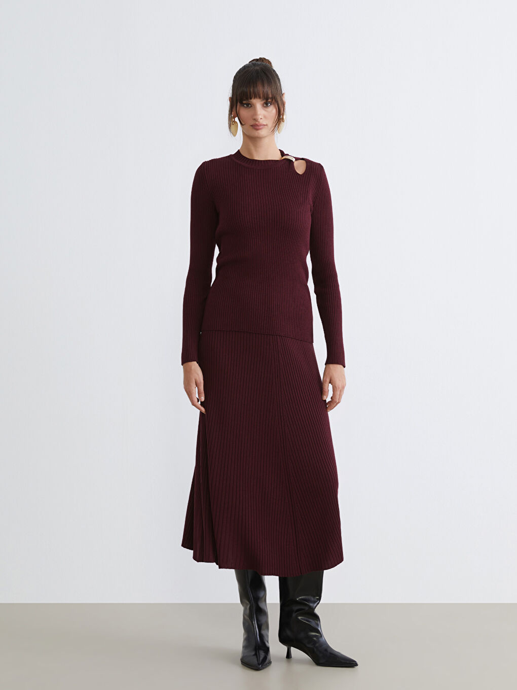 Bordo Beli Lastikli Kloş Triko Etek