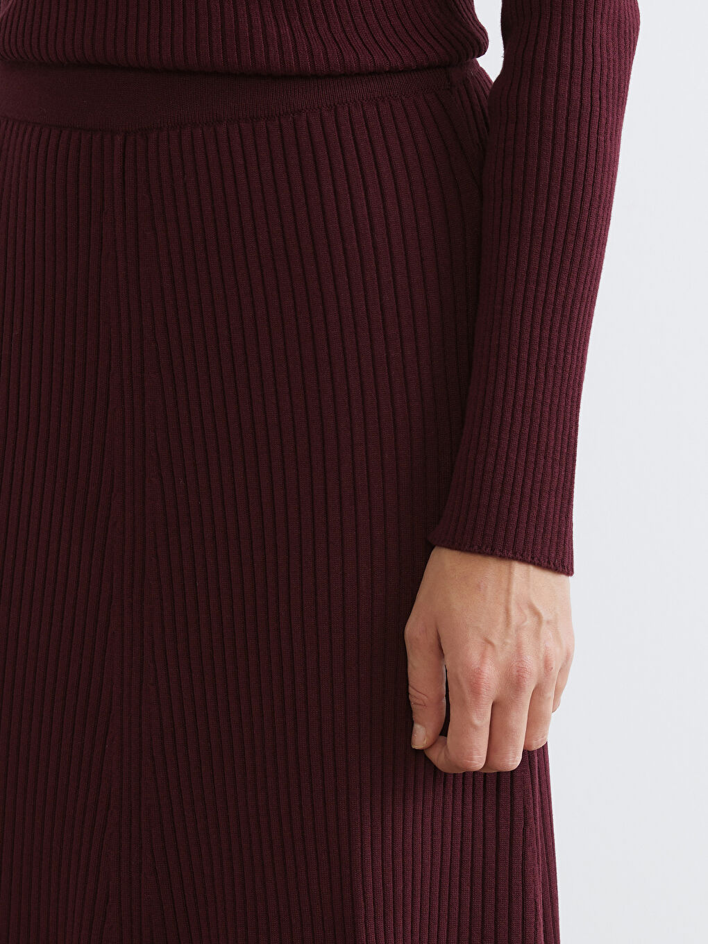 Bordo Beli Lastikli Kloş Triko Etek-2