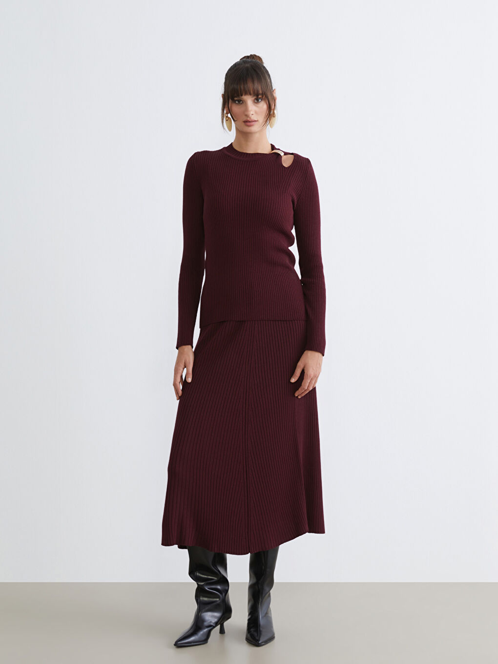 Bordo Bisiklet Yaka Büzgülü Kadın Triko Kazak-1