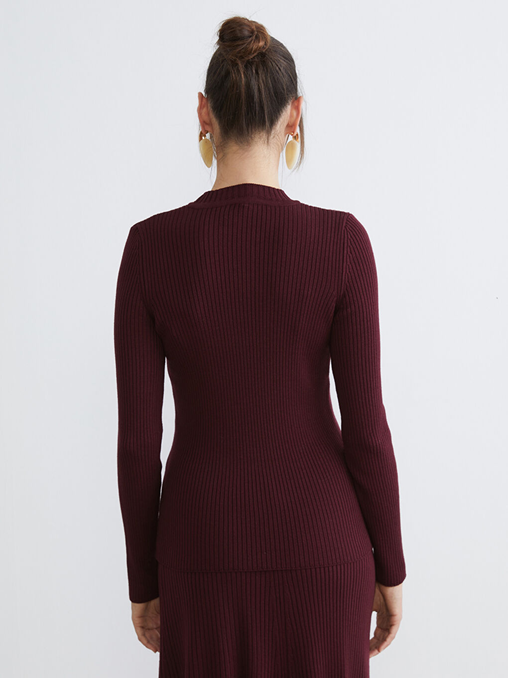 Bordo Bisiklet Yaka Büzgülü Kadın Triko Kazak-3