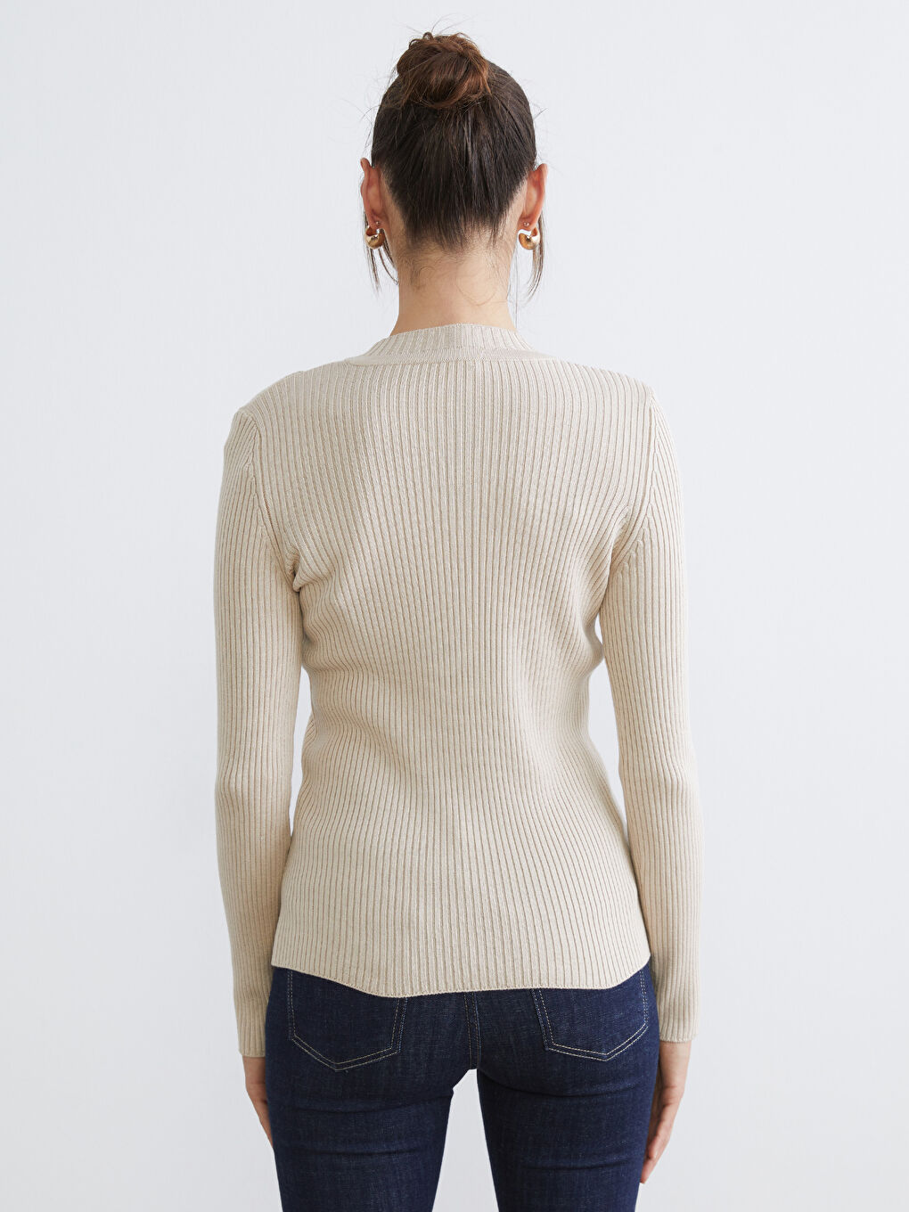 Bej Bisiklet Yaka Büzgülü Kadın Triko Kazak-3