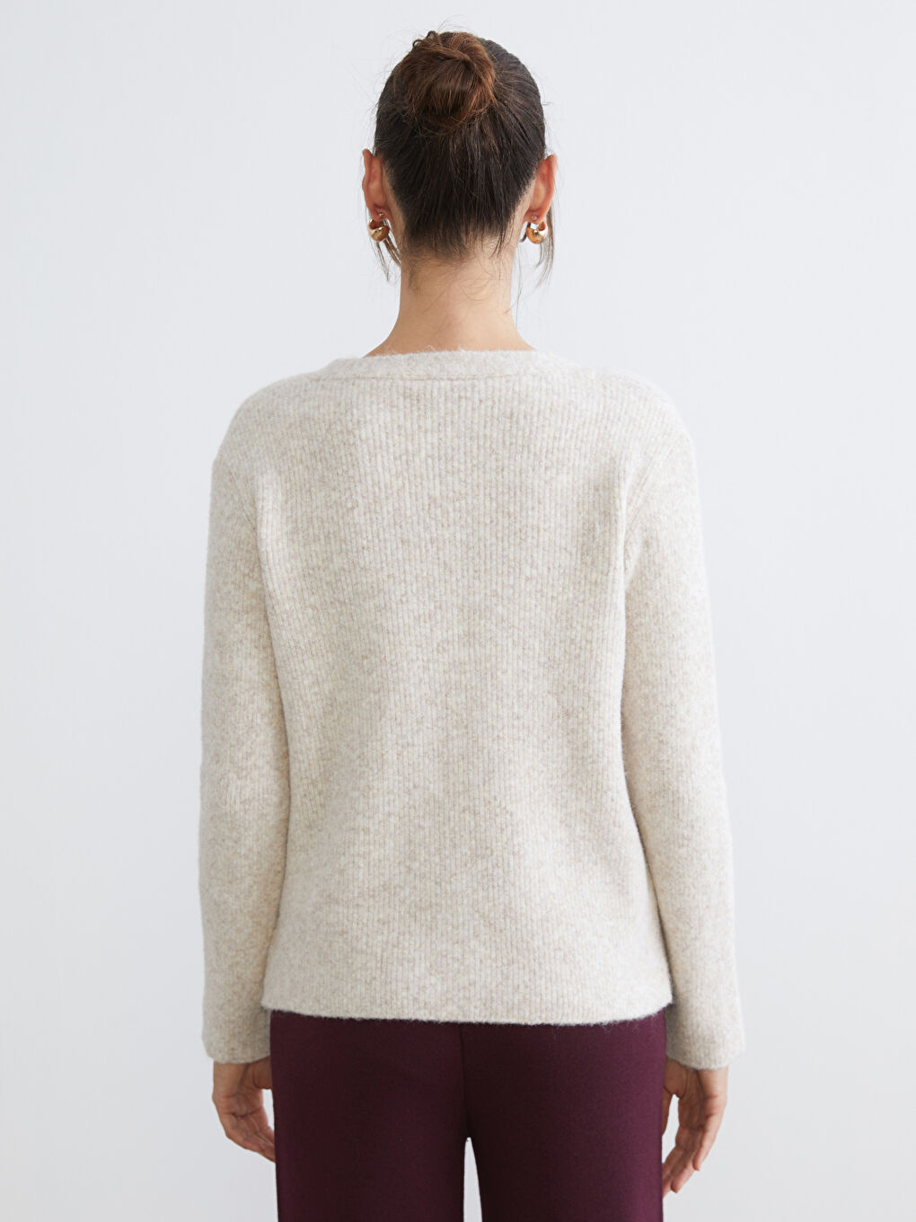 Bej V Yaka Kadın Triko Hırka-3