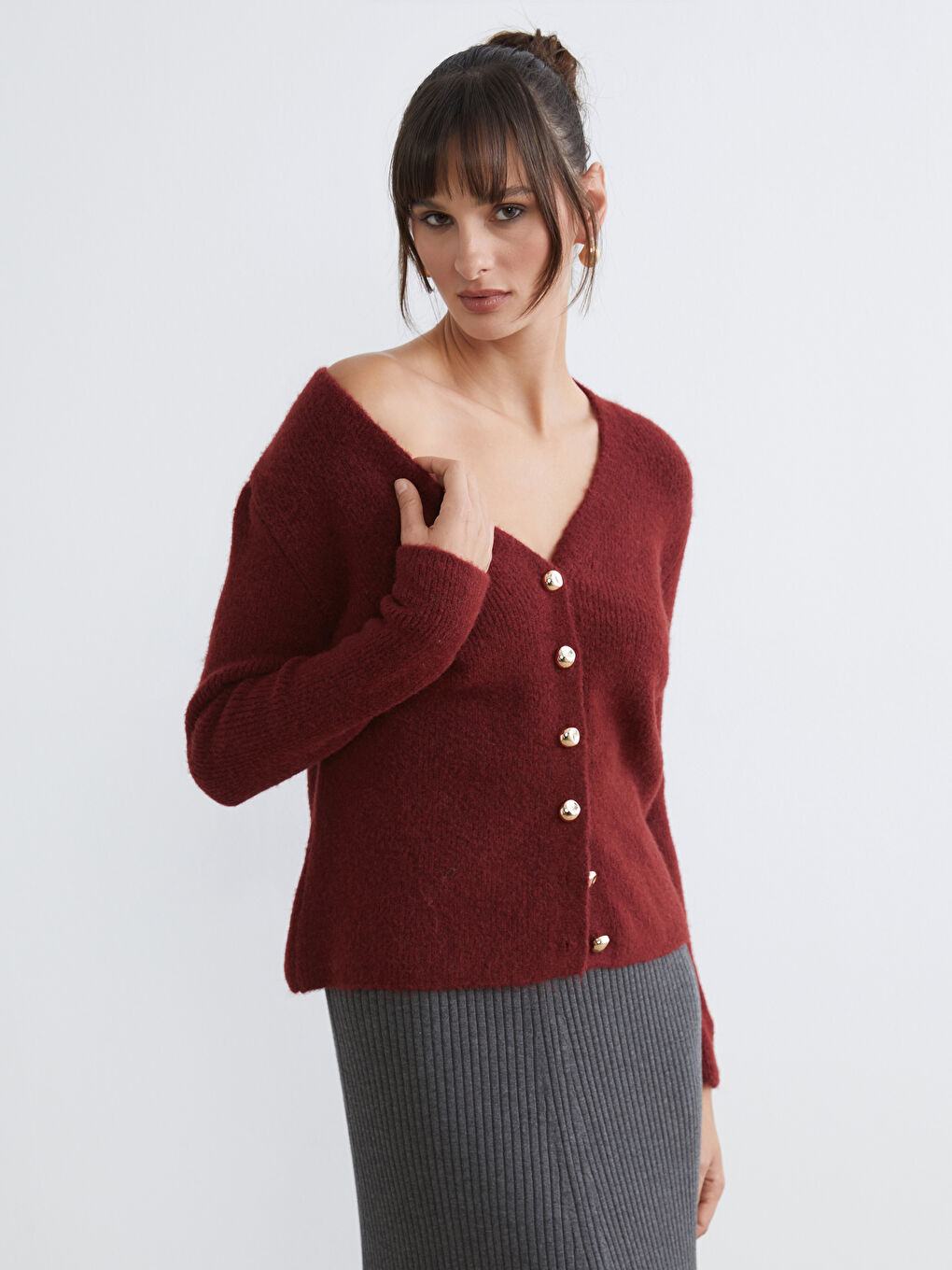 Bordo V Yaka Kadın Triko Hırka