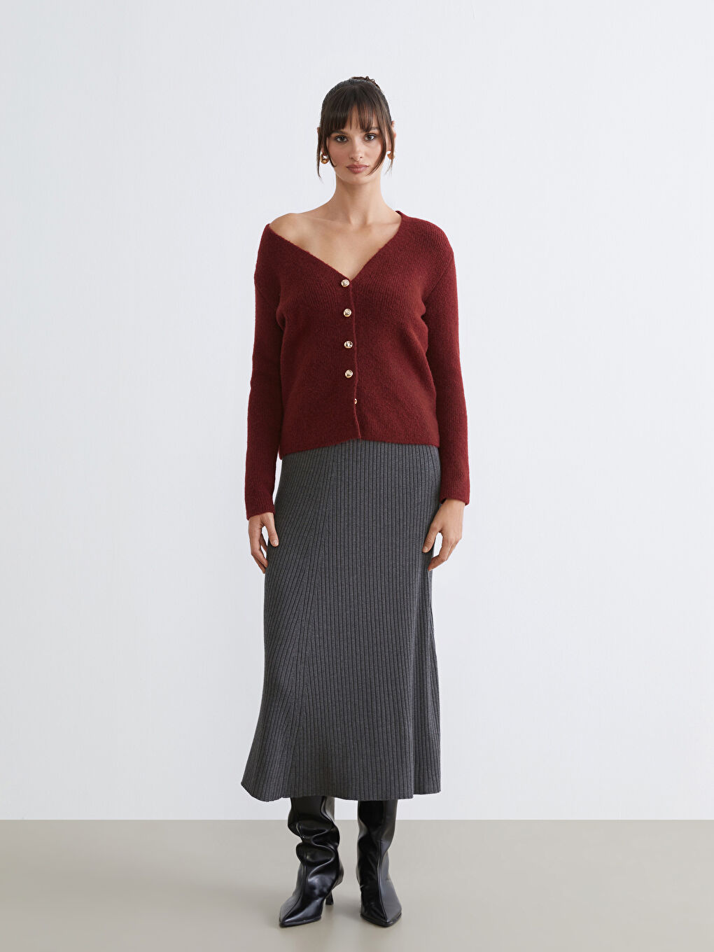 Bordo V Yaka Kadın Triko Hırka-1