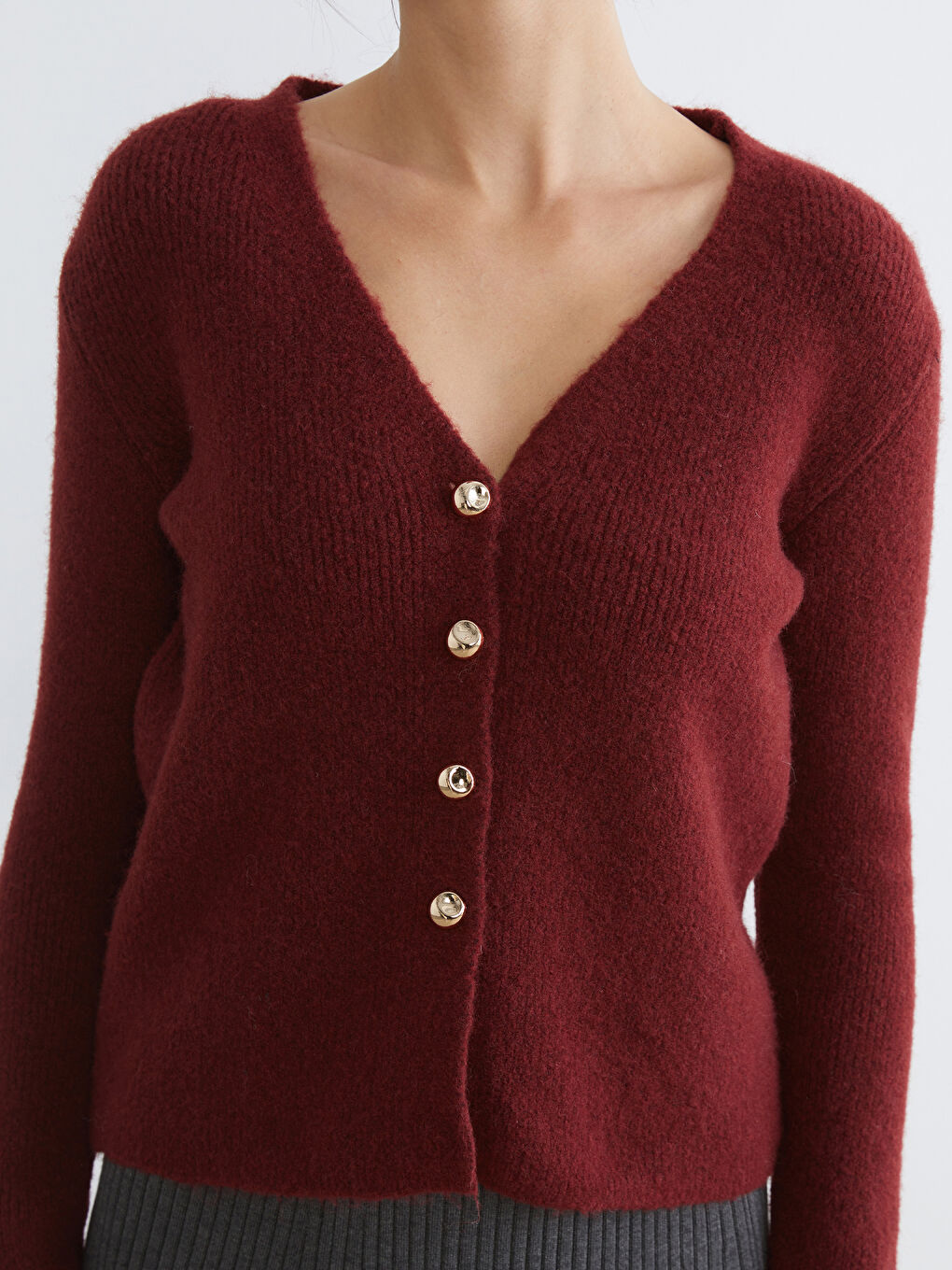 Bordo V Yaka Kadın Triko Hırka-2