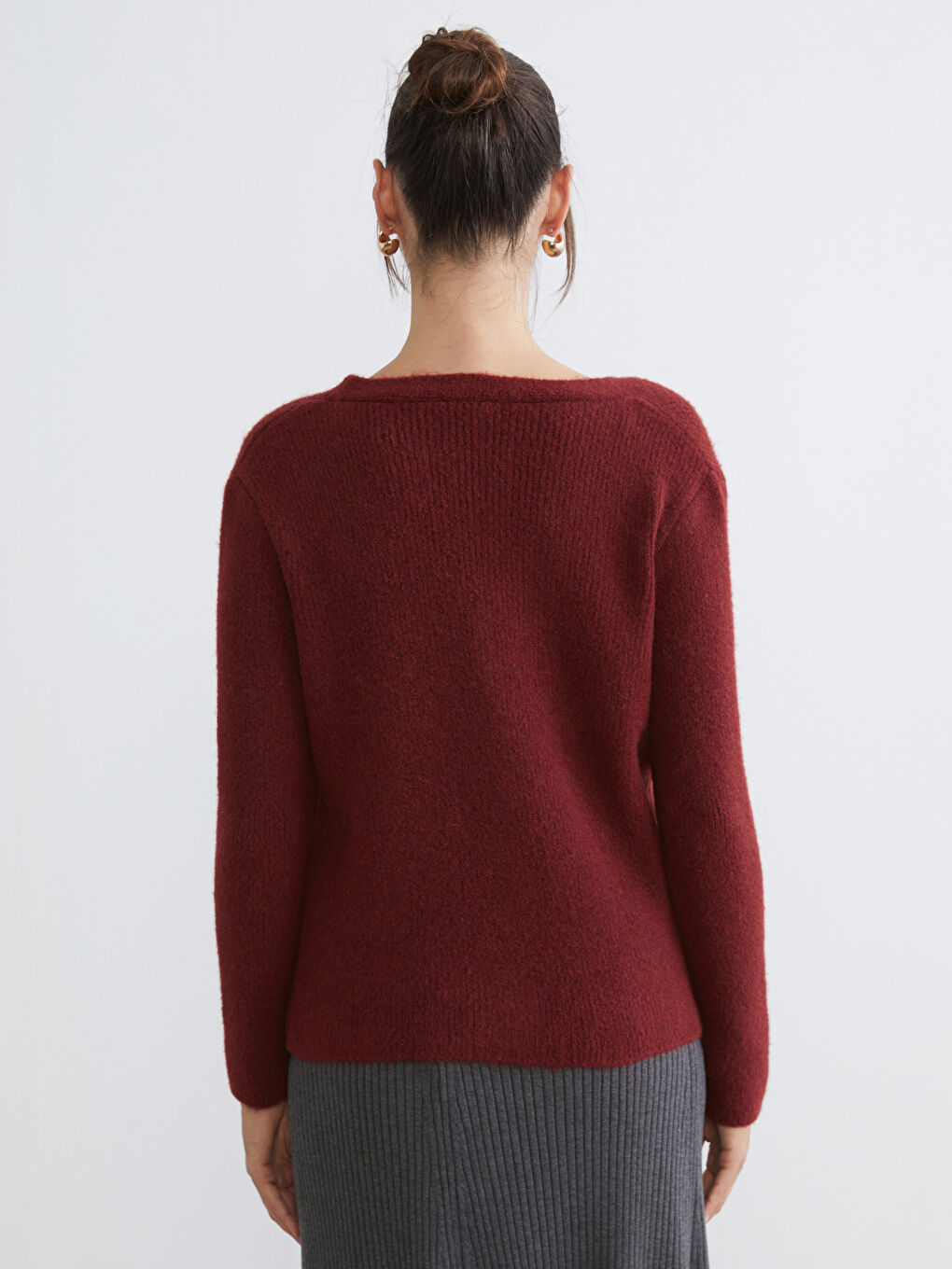 Bordo V Yaka Kadın Triko Hırka-3