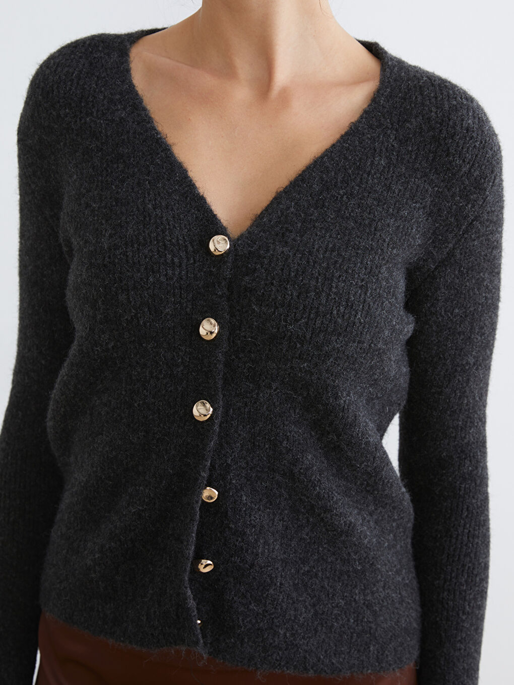 Antrasit V Yaka Kadın Triko Hırka-2