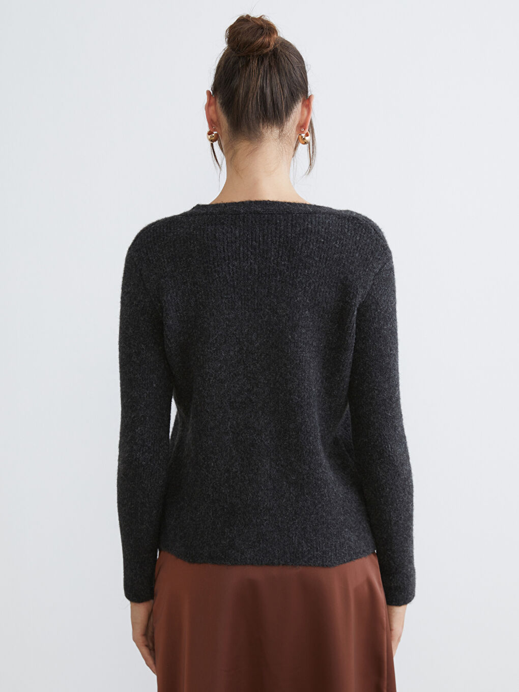 Antrasit V Yaka Kadın Triko Hırka-3