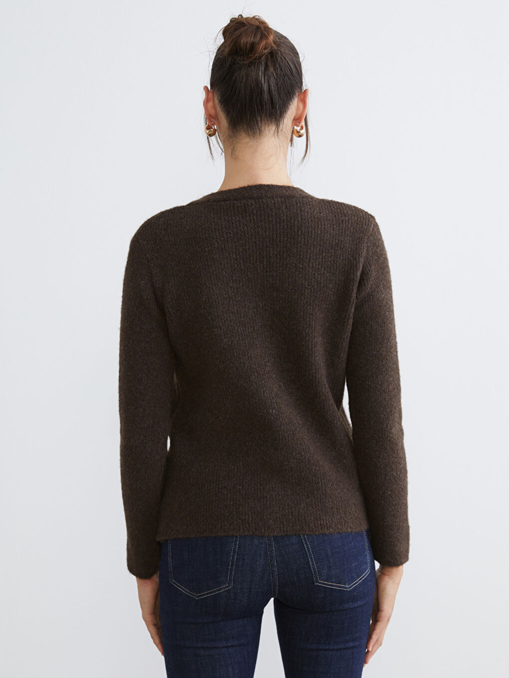 Kahverengi V Yaka Kadın Triko Hırka-3