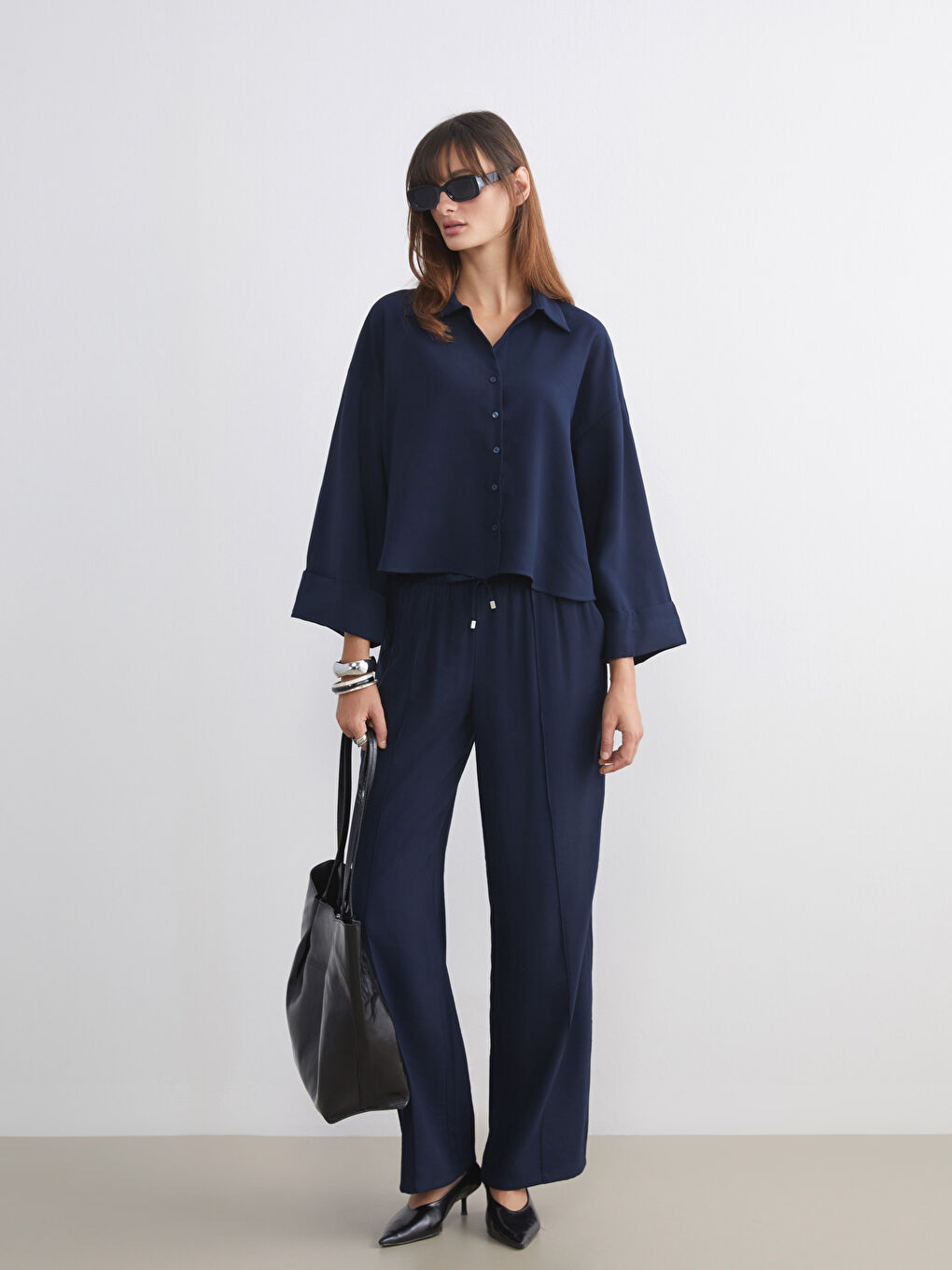 Lacivert Oversize Kadın Gömlek-1