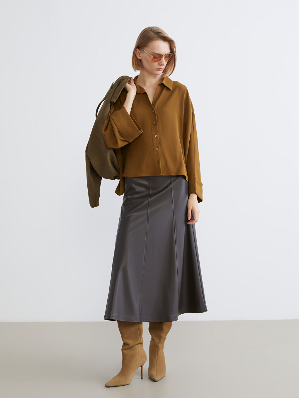 Kahverengi Oversize Kadın Gömlek-1