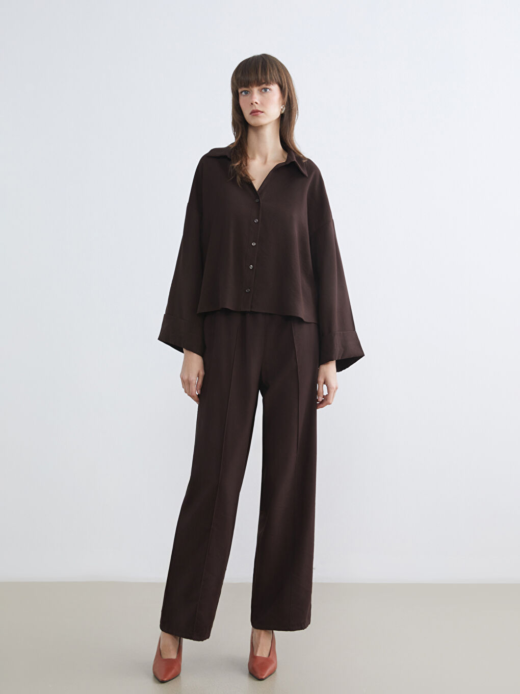 Kahverengi Oversize Kadın Gömlek-1