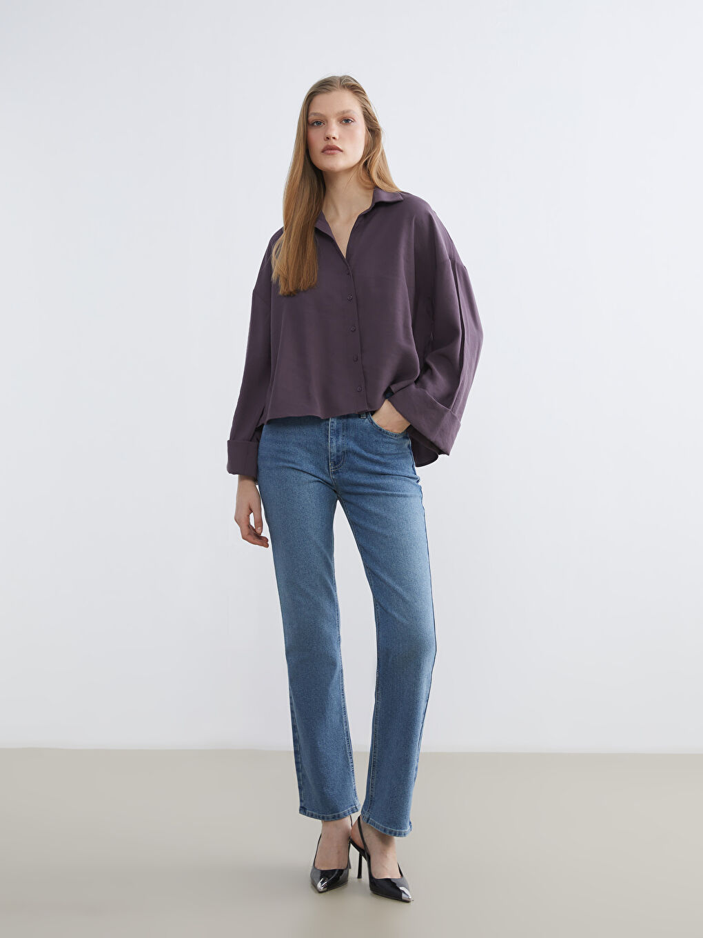 Mürdüm Oversize Kadın Gömlek-1