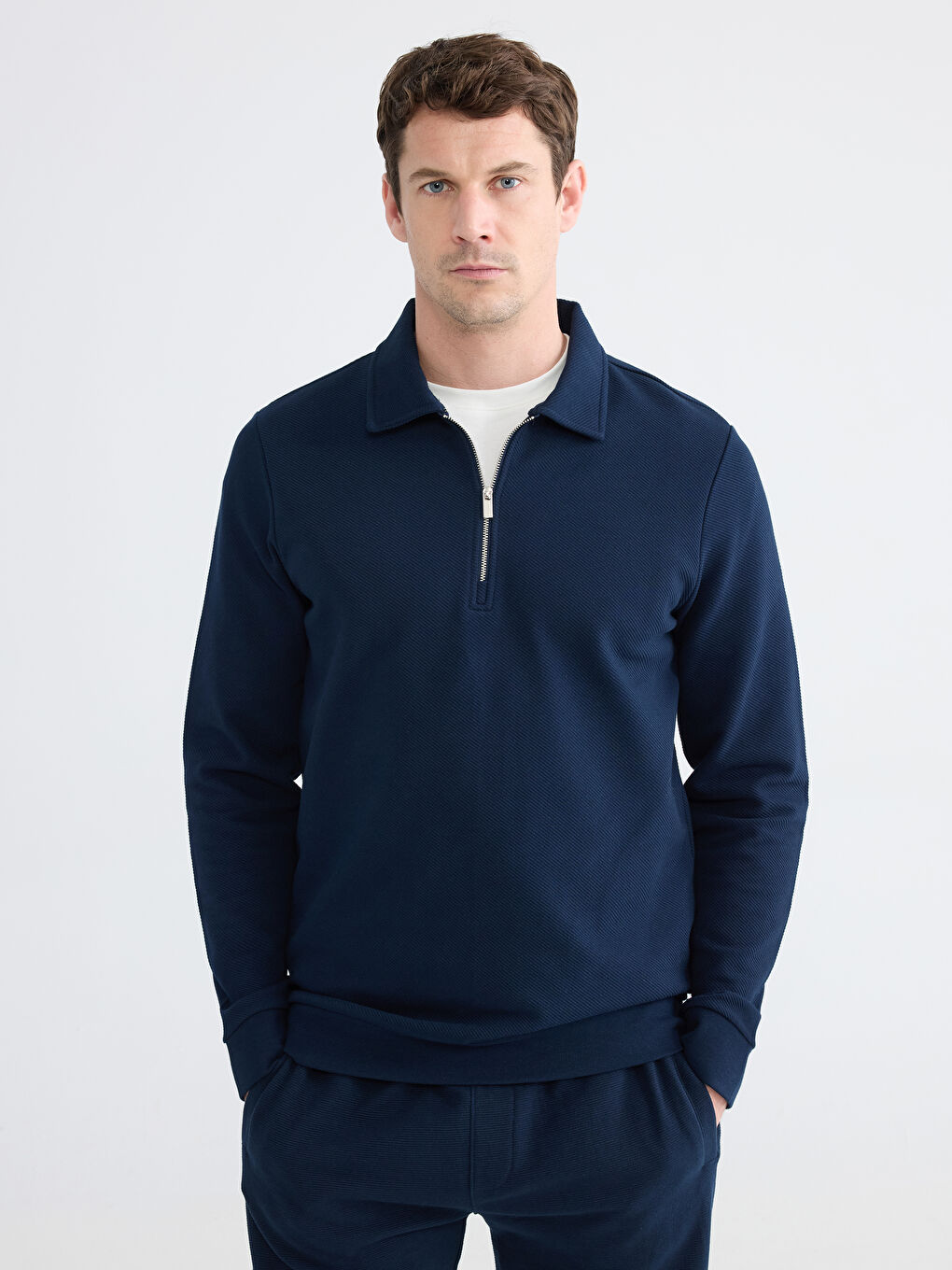 Lacivert Polo Yaka Erkek Sweatshirt