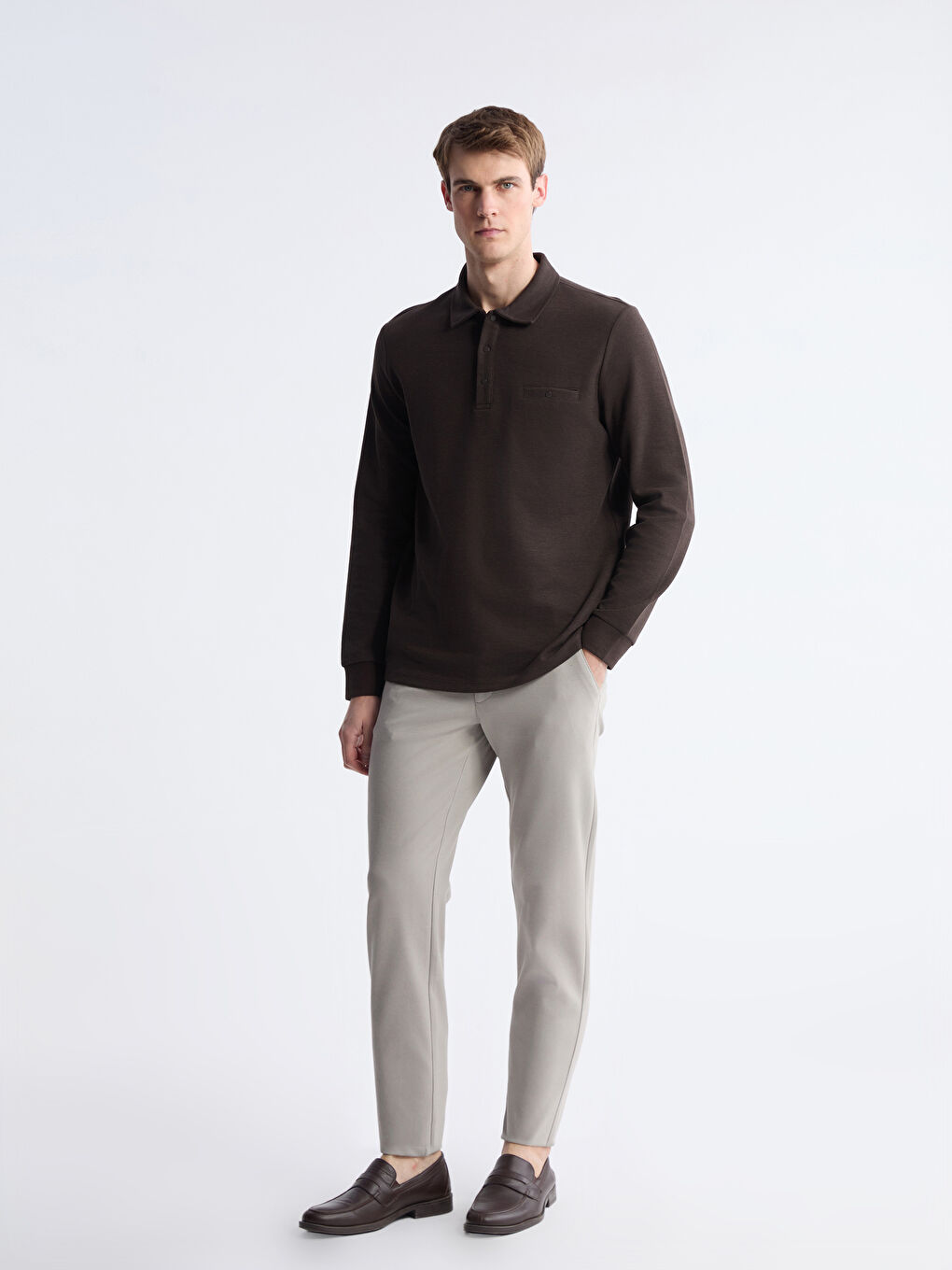 Kahverengi Polo Yaka Erkek Sweatshirt-1