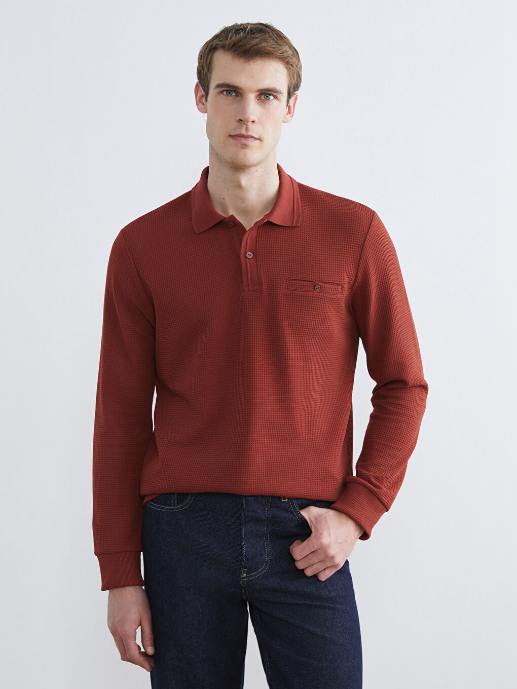 Kahverengi Polo Yaka Erkek Dokulu Tişört