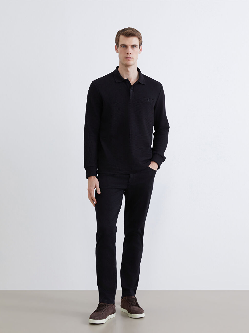 Siyah Polo Yaka Erkek Dokulu Tişört-1