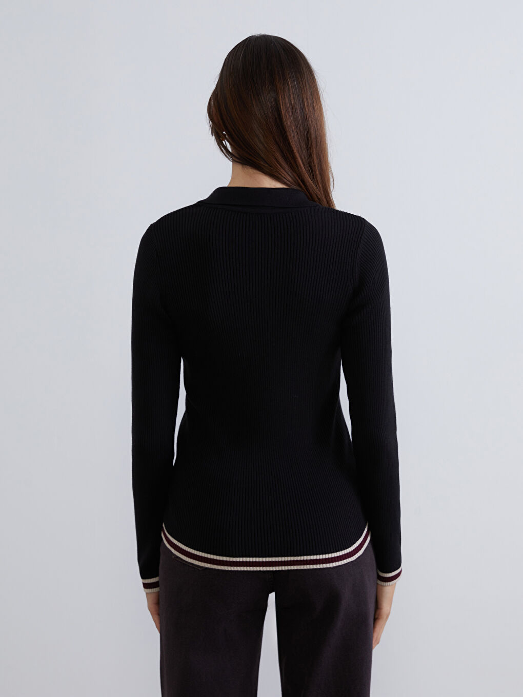 Siyah Polo Yaka Kadın Triko Kazak-3