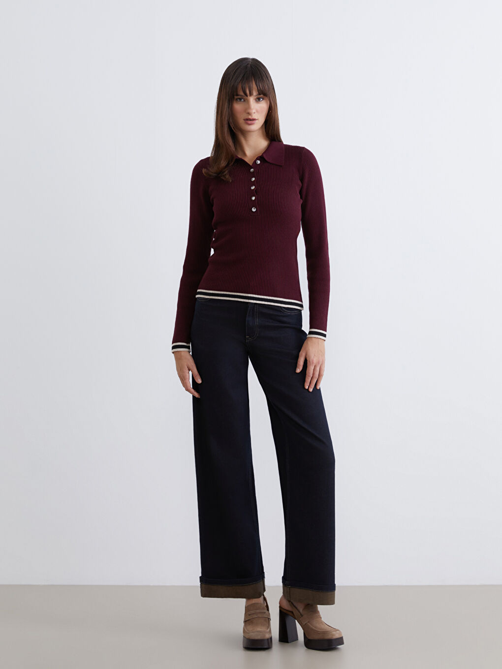 Bordo Polo Yaka Kadın Triko Kazak-1