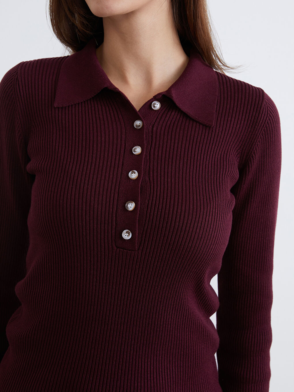 Bordo Polo Yaka Kadın Triko Kazak-2