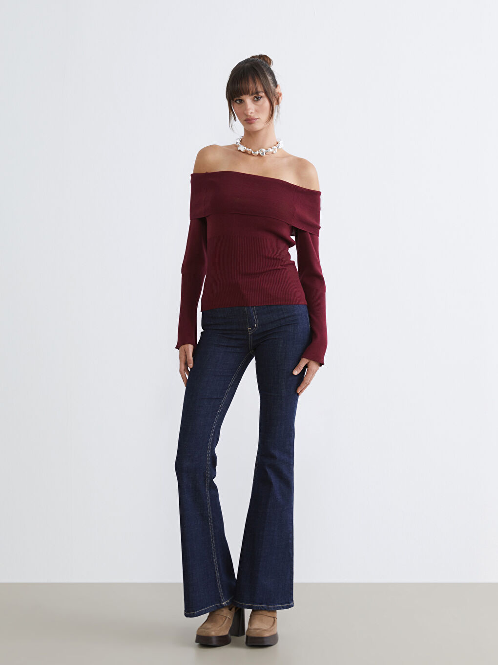 Bordo Kayık Yaka Kadın Triko Kazak-1