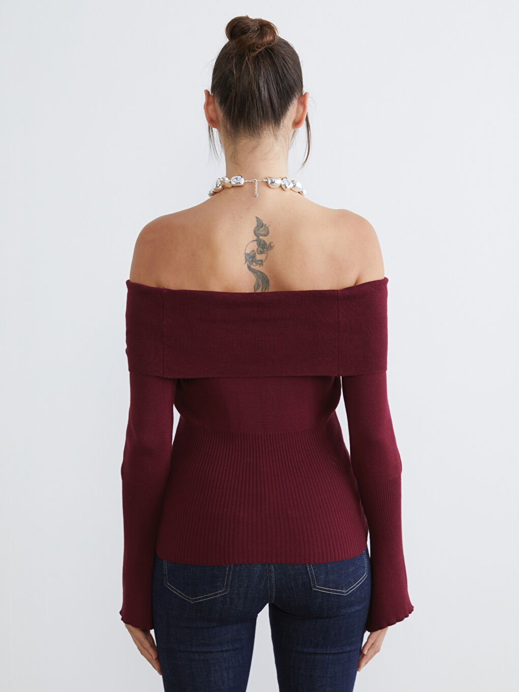 Bordo Kayık Yaka Kadın Triko Kazak-3