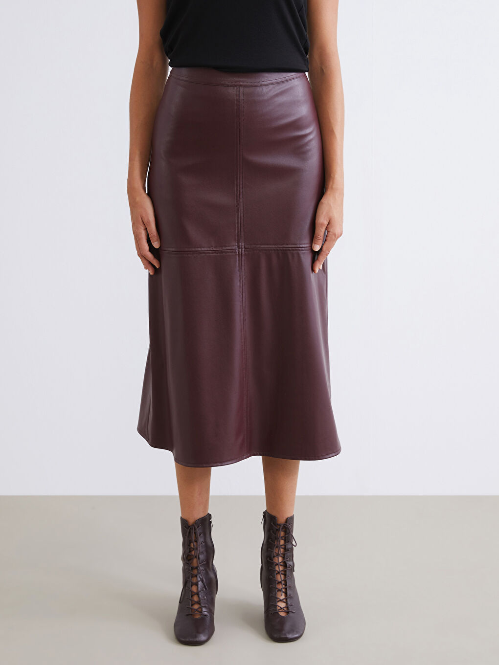 Bordo Beli Fermuarlı A Kesim Deri Görünümlü Etek-1