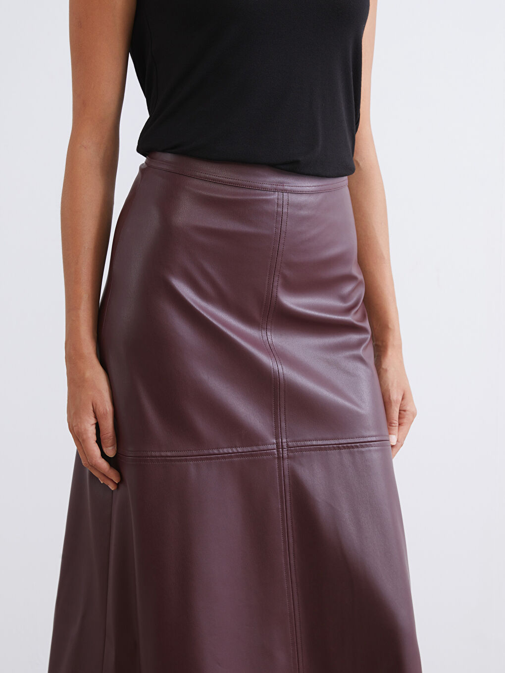 Bordo Beli Fermuarlı A Kesim Deri Görünümlü Etek-2