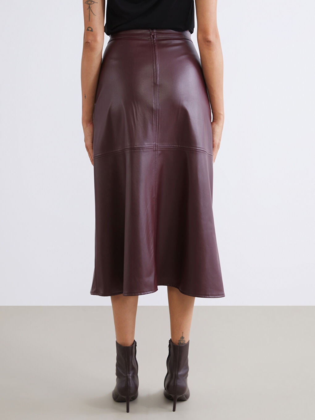 Bordo Beli Fermuarlı A Kesim Deri Görünümlü Etek-3