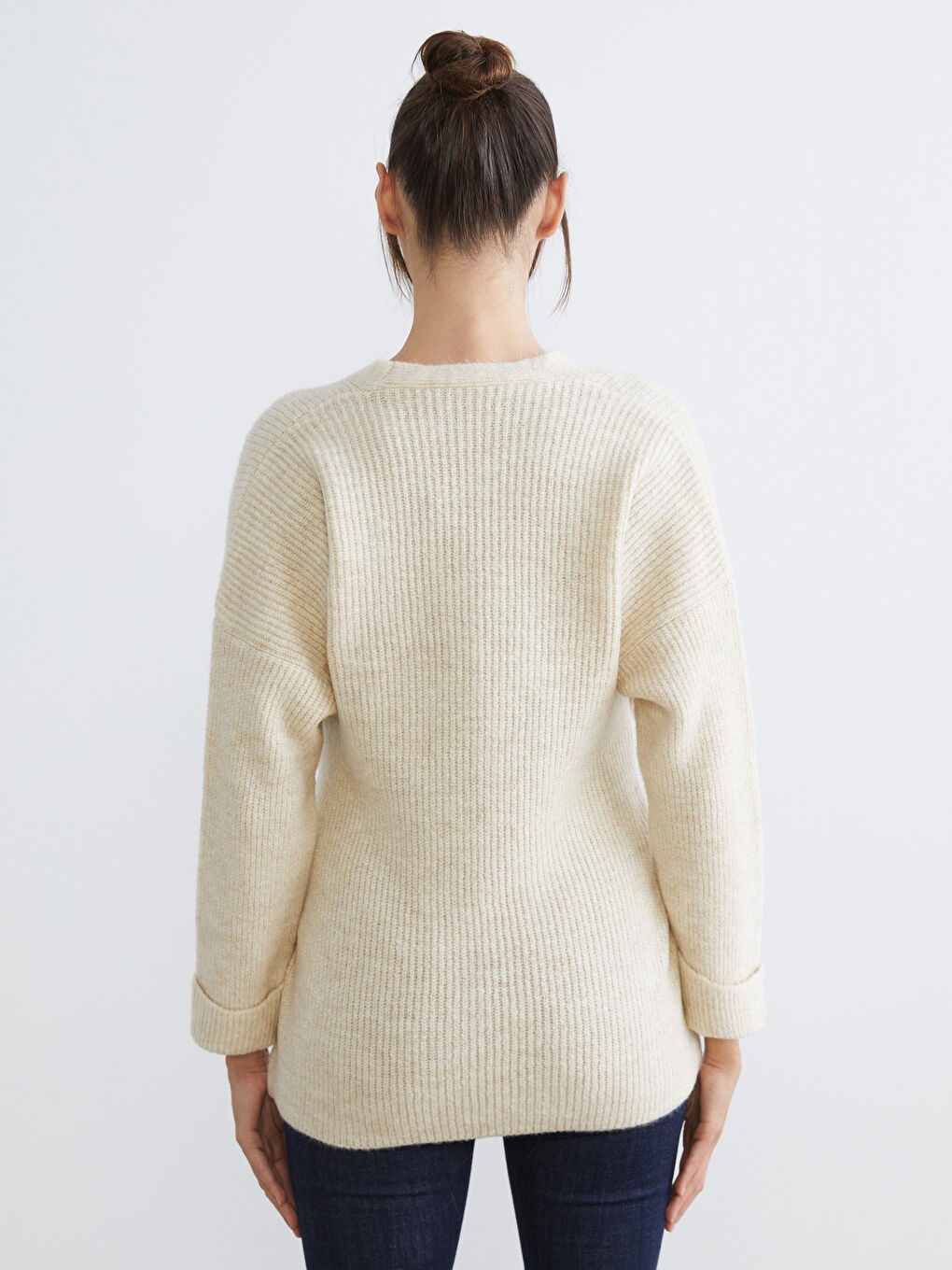 Bej V Yaka Kadın Triko Hırka-3