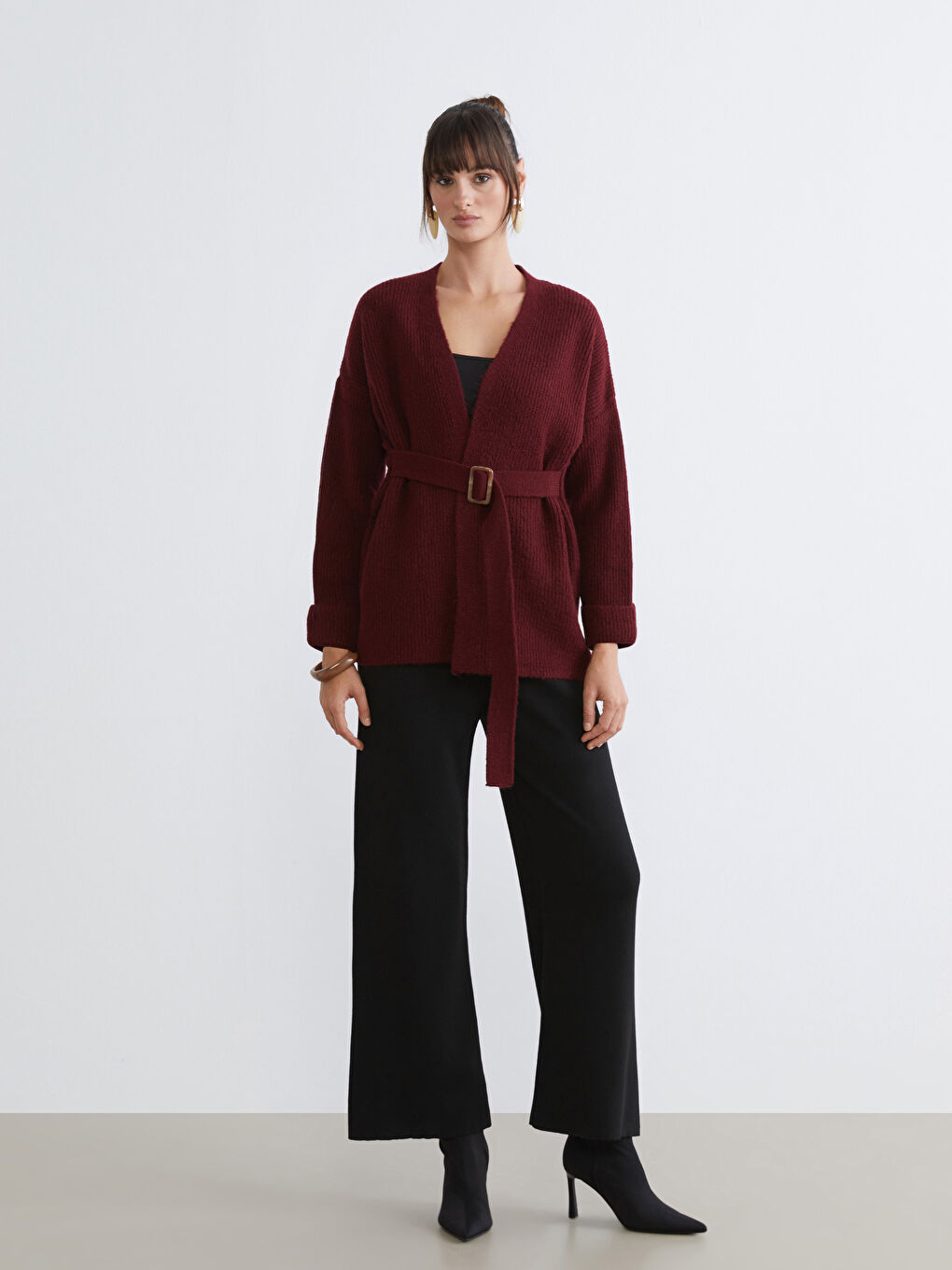 Bordo V Yaka Kadın Triko Hırka-1