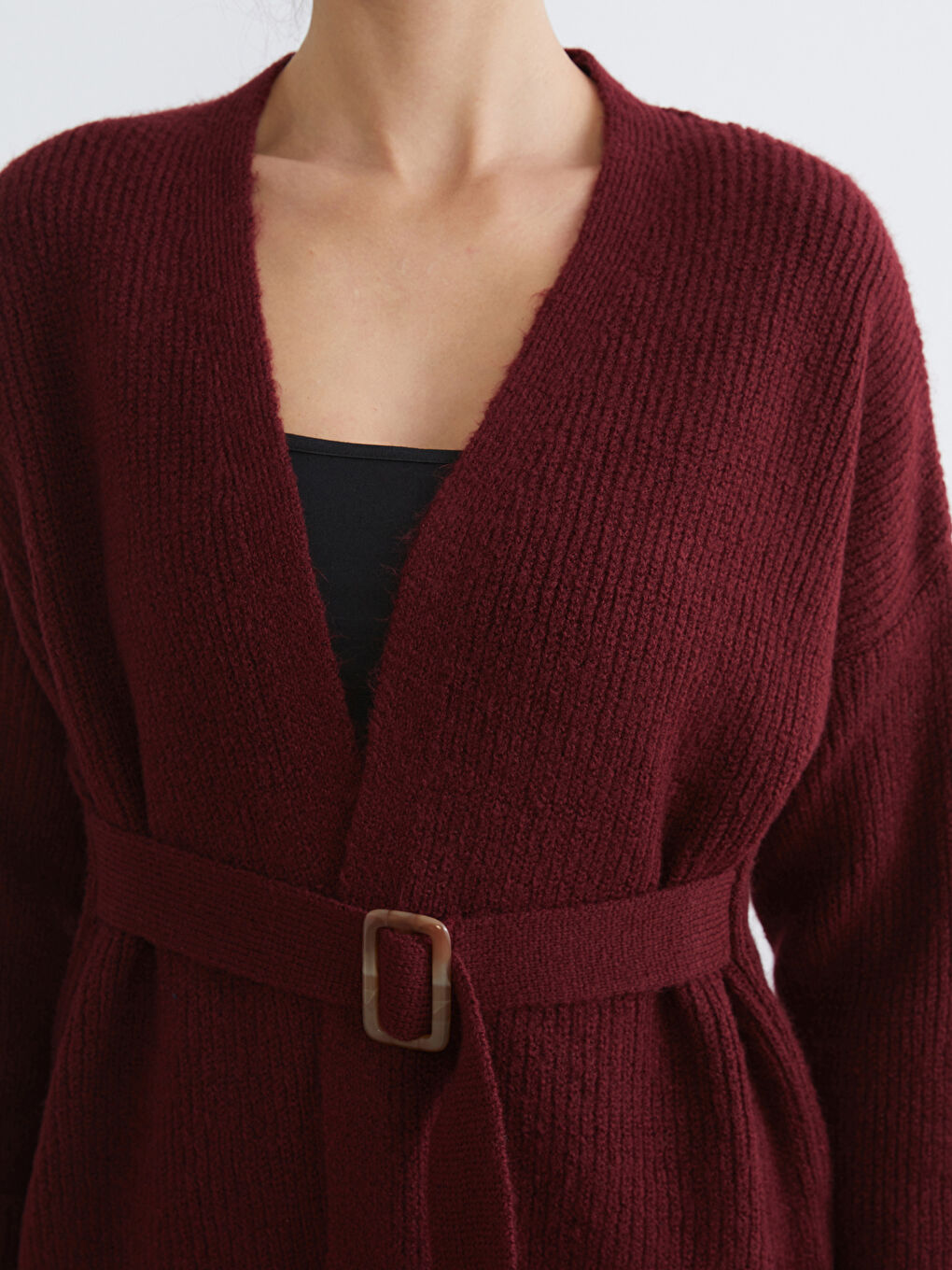 Bordo V Yaka Kadın Triko Hırka-2