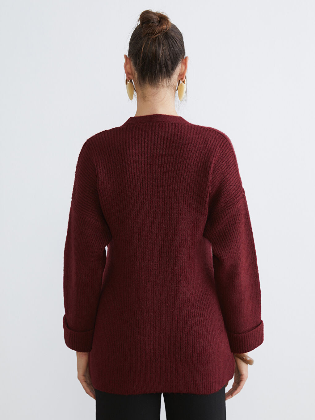 Bordo V Yaka Kadın Triko Hırka-3